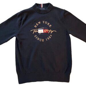 Y2K TOMMY HILFIGER NYC NAVY MENS SWEATER EMBROIDERED LOGO SIZE MEDIUM PREPPY